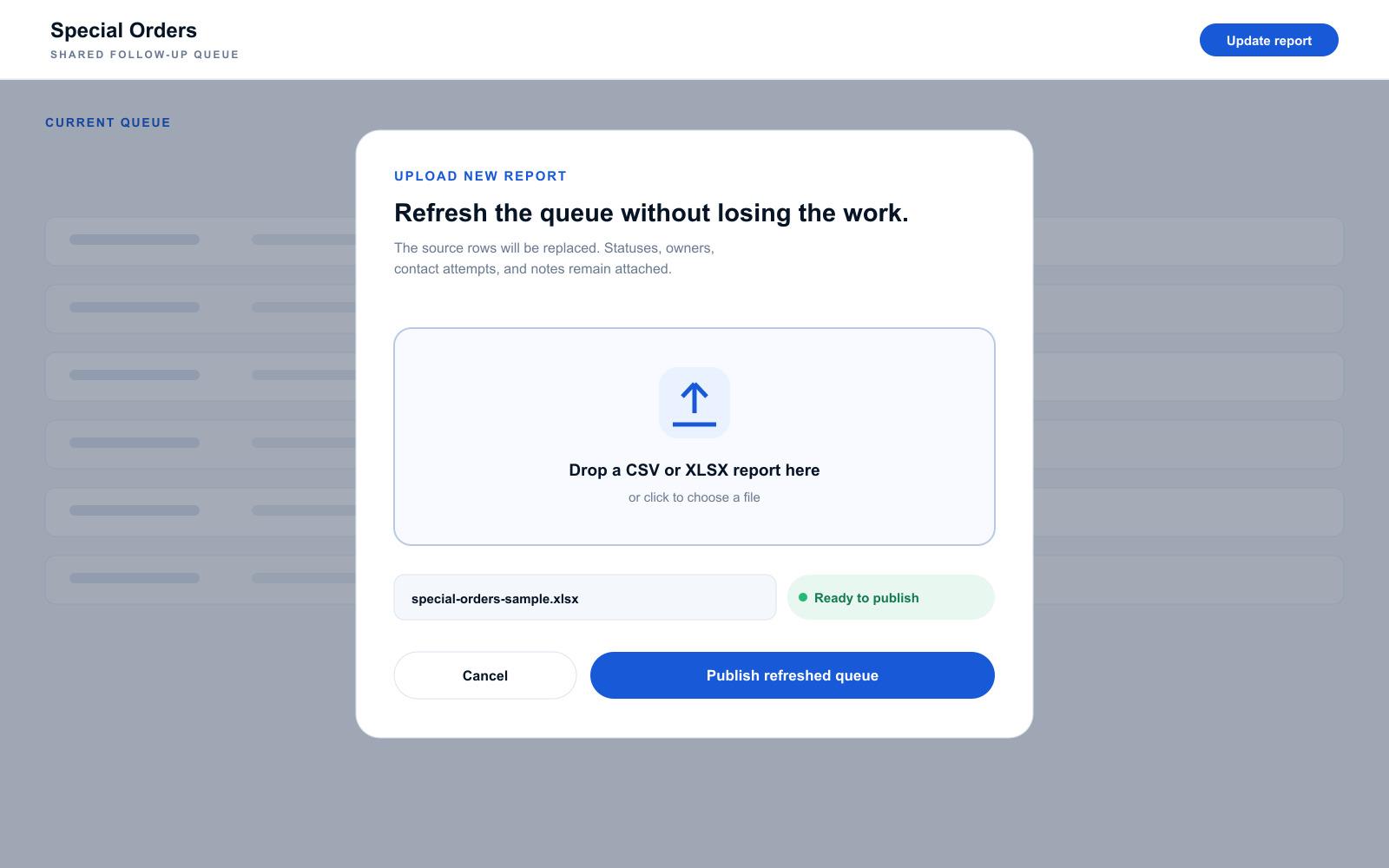 Brand-neutral special-orders report upload workflow with sample background data