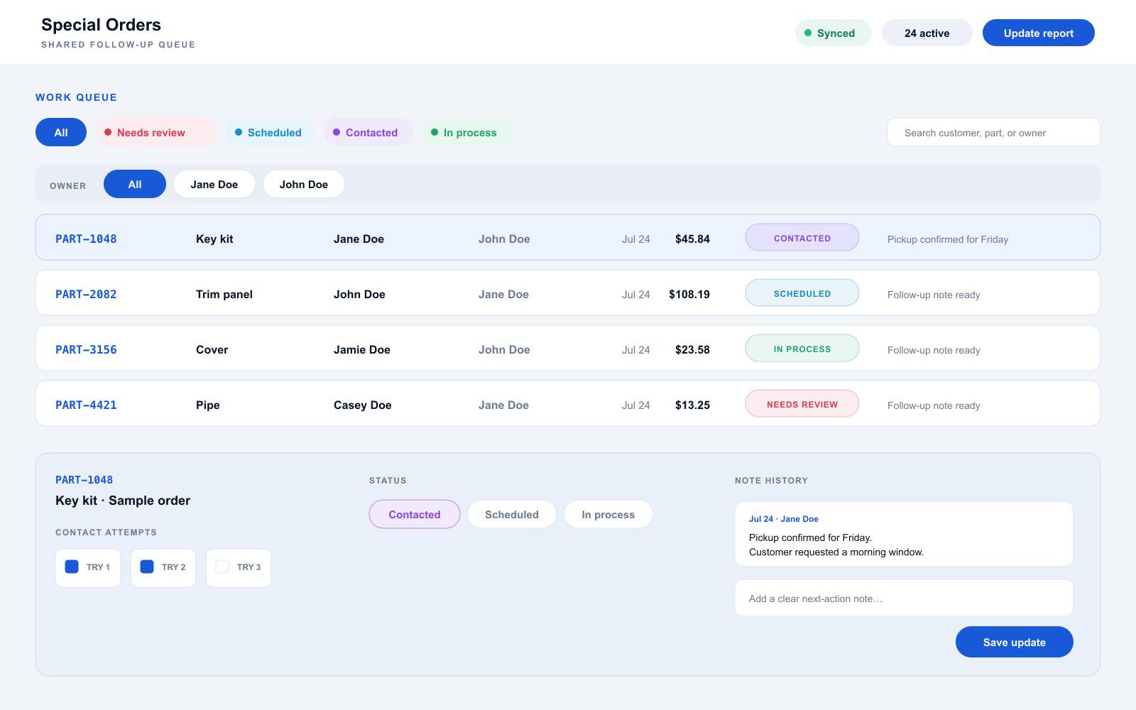 Synthetic-data special-orders workflow with statuses, filters, and note history