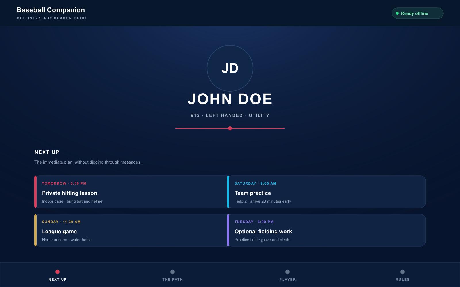 Brand-neutral youth sports companion mockup showing John Doe and fictional events